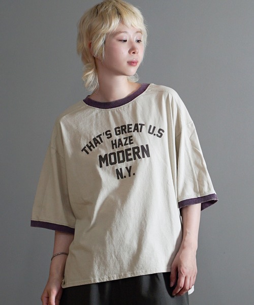 e-zakkamania stores(イーザッカマニアストアーズ)の「ヴィンテージライク 配色リンガーロゴTシャツ(Tシャツ/カットソー・レディース・イエロー/ダークネイビー/グレイッシュベージュ・フリー)」の2枚目の写真