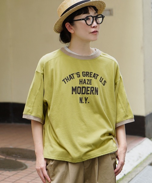 e-zakkamania stores(イーザッカマニアストアーズ)の「ヴィンテージライク 配色リンガーロゴTシャツ(Tシャツ/カットソー・レディース・イエロー/ダークネイビー/グレイッシュベージュ・フリー)」の1枚目の写真