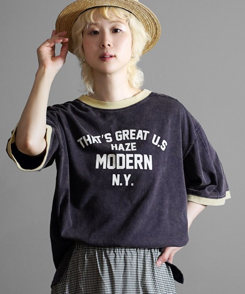 e-zakkamania stores(イーザッカマニアストアーズ)の「ヴィンテージライク 配色リンガーロゴTシャツ(Tシャツ/カットソー・レディース・イエロー/ダークネイビー/グレイッシュベージュ・フリー)」の3枚目の写真
