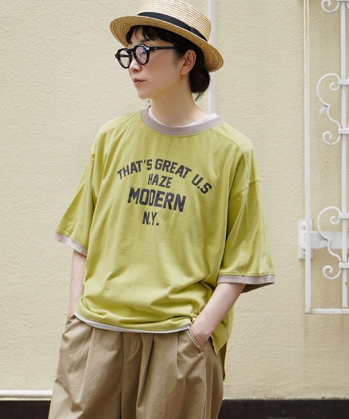 e-zakkamania stores(イーザッカマニアストアーズ)の「ヴィンテージライク 配色リンガーロゴTシャツ(Tシャツ/カットソー・レディース・イエロー/ダークネイビー/グレイッシュベージュ・フリー)」の5枚目の写真