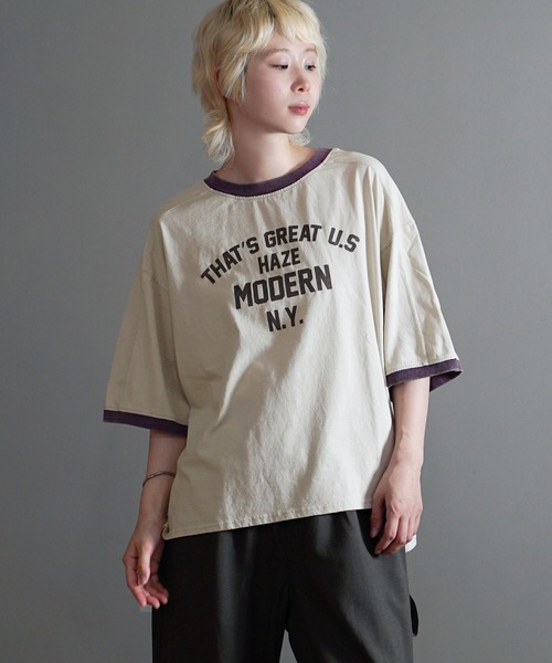 e-zakkamania stores(イーザッカマニアストアーズ)の「ヴィンテージライク 配色リンガーロゴTシャツ(Tシャツ/カットソー・レディース・イエロー/ダークネイビー/グレイッシュベージュ・フリー)」の7枚目の写真