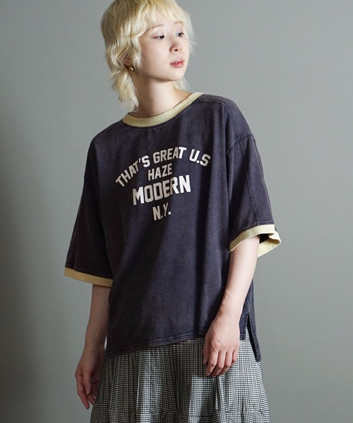 e-zakkamania stores(イーザッカマニアストアーズ)の「ヴィンテージライク 配色リンガーロゴTシャツ(Tシャツ/カットソー・レディース・イエロー/ダークネイビー/グレイッシュベージュ・フリー)」の9枚目の写真