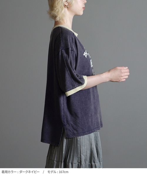 e-zakkamania stores(イーザッカマニアストアーズ)の「ヴィンテージライク 配色リンガーロゴTシャツ(Tシャツ/カットソー・レディース・イエロー/ダークネイビー/グレイッシュベージュ・フリー)」の14枚目の写真