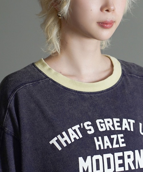 e-zakkamania stores(イーザッカマニアストアーズ)の「ヴィンテージライク 配色リンガーロゴTシャツ(Tシャツ/カットソー・レディース・イエロー/ダークネイビー/グレイッシュベージュ・フリー)」の16枚目の写真