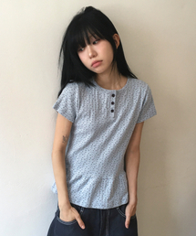 Flower Button Frill T-Shirt[Light Blue]
