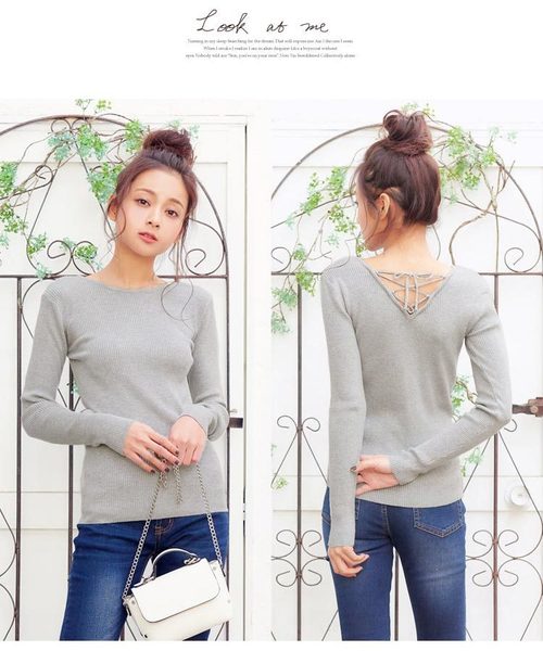 KOBE LETTUCE（コウベレタス）の「いつものITEMもLadyなデザインで差をつけて♪前後2WAY！レースアップデザイン細リブニットトップス/レディースセーター/長袖[C3051]神戸レタス（ニット/セーター・レディース・オフホワイト/ピンク/グレー/ブラック・FREE）」の8枚目の写真