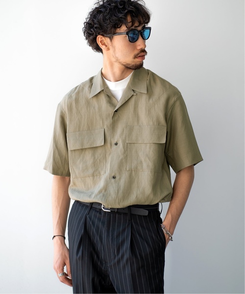 EDIFICE（エディフィス）の「LA BOUCLE / ラブ―クル ラミーWポケットオープンカラーSSシャツ（シャツ/ブラウス・メンズ・ベージュ/サックスブルー/ブラック・46/48/44）」の3枚目の写真