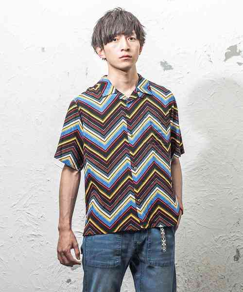 MinoriTY（マイノリティ）の「総柄オープンカラーシャツ 開襟シャツ（シャツ/ブラウス・メンズ・レッド/イエロー/ブルー/ストライプ・L/M）」の3枚目の写真