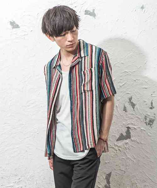 MinoriTY（マイノリティ）の「総柄オープンカラーシャツ 開襟シャツ（シャツ/ブラウス・メンズ・レッド/イエロー/ブルー/ストライプ・L/M）」の4枚目の写真