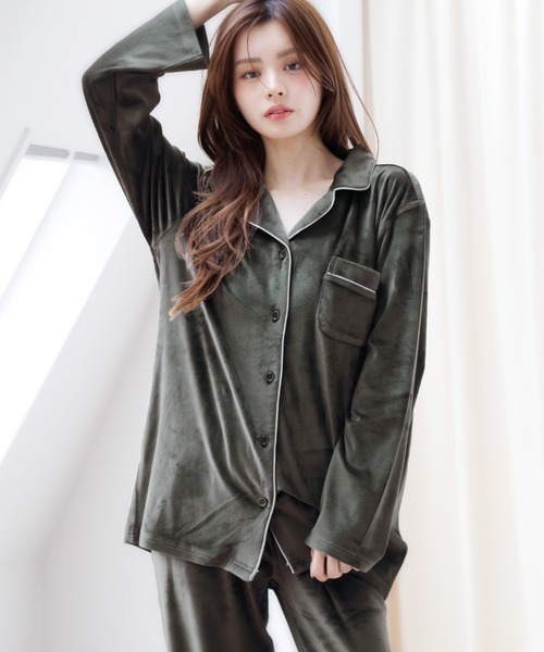 Dita（ディータ）の「パールシャギーシャツルームウェア（上下2点セット）パジャマ（ルームウェア/パジャマ・レディース・ブラック/グレー/ブラック系その他/グレー系その他/グリーン系その他/ブルー系その他/ネイビー/ピンク系その他/スモークピンク/モスグリーン/グレイッシュブルー/シャンパン/サンドグレー/ピンクベージュ/グリーン系その他2/ラベンダー/ピンク/ブラウン系その他/カーキ・FREE）」の7枚目の写真