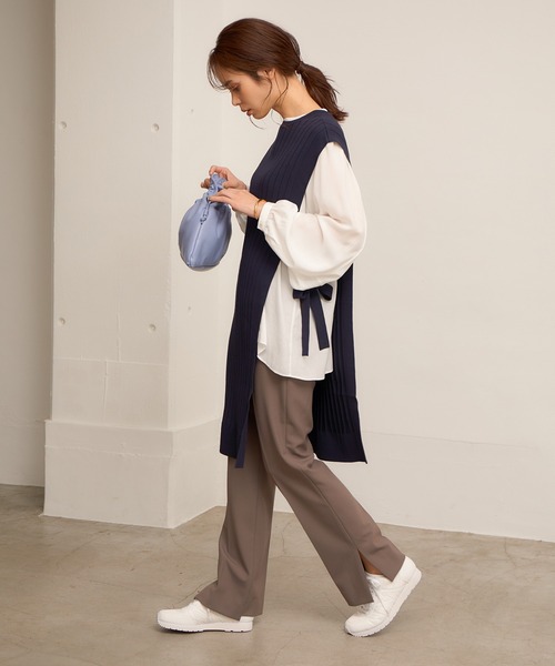 ロペ ワイドリブロングベストニット ネイビー 38 エルビーシー LBC 畦配色ロングニットベスト （ベージュ