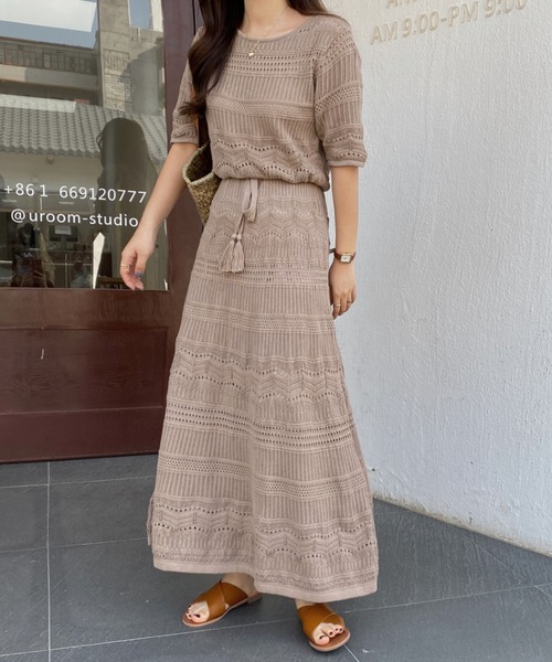 SCAPAベージュ 五分袖 ワンピース セール】 スマートフラワー長袖ワンピース （ドレス）｜SCAPA L