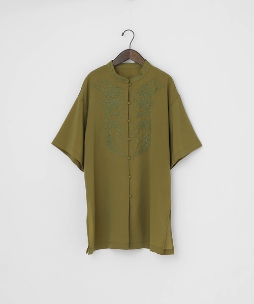70s/アフリカ 泥染め 織生地スタンドカラー半袖シャツ/XL/カーキ/ボゴラン タイプライターコットン スタンドカラーシャツ（カーキ) – cholon