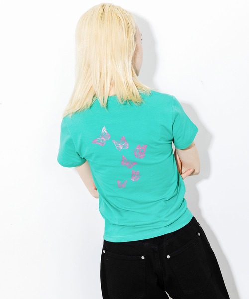X-girl（エックスガール）の「BUTTERFLY S/S BABY TEE（Tシャツ/カットソー・レディース・ホワイト/ブラック/グリーン・SMALL/MEDIUM）」の8枚目の写真