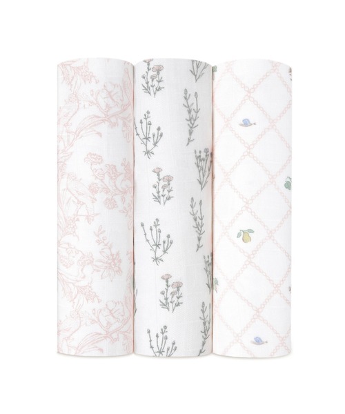 aden + anais （エイデンアンドアネイ）の「スワドル 3枚入り（おくるみ・キッズ・スカイブルー/ローズ/ホワイト×ピンク/ホワイト×ブラウン・FREE）」の2枚目の写真