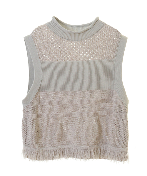 alcali（アルカリ）の「すかし編みショートベスト（ニット/セーター・レディース・ライトグレー/ブラック・FREE）」の2枚目の写真