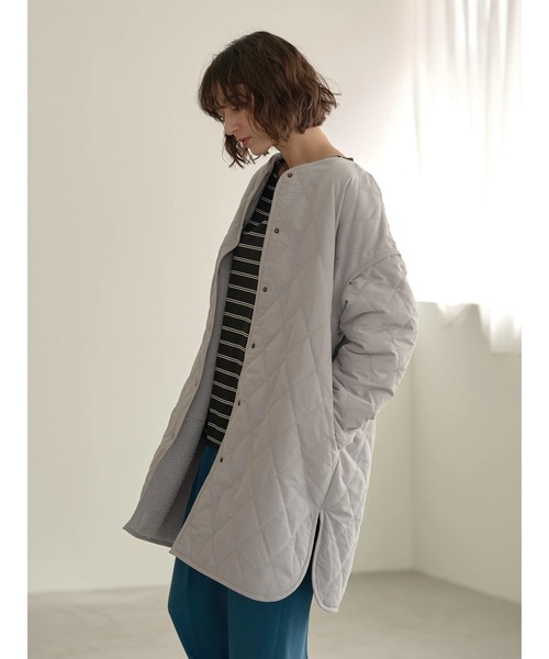 earth music&ecology（アースミュージックアンドエコロジー）の「ｷﾙﾃｨﾝｸﾞ&ﾎﾞｱﾘﾊﾞｰｼﾌﾞﾙﾉｰｶﾗ-ｺｰﾄ＊（ノーカラーコート・レディース・ライトグレー/ブラック/カーキ・M/L）」の4枚目の写真