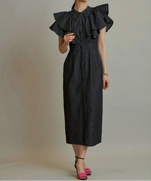 &. NOSTALGIA（アンドドットノスタルジア）の「袖フリルワンピース（ワンピース・レディース・インディゴブルー/ブラック/オフホワイト・FREE）」の8枚目の写真