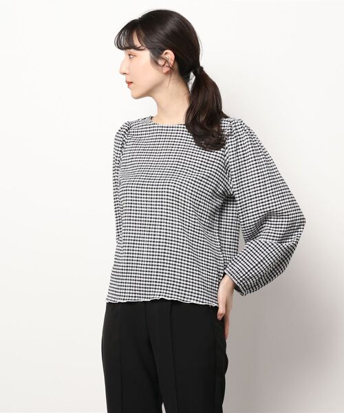 Te chichi TERRASSE（テチチテラス）の「シャーリングギンガム前後2WAYトップス（Tシャツ/カットソー・レディース・ブラック/ピンク/ネイビー・ﾌﾘ-）」の2枚目の写真