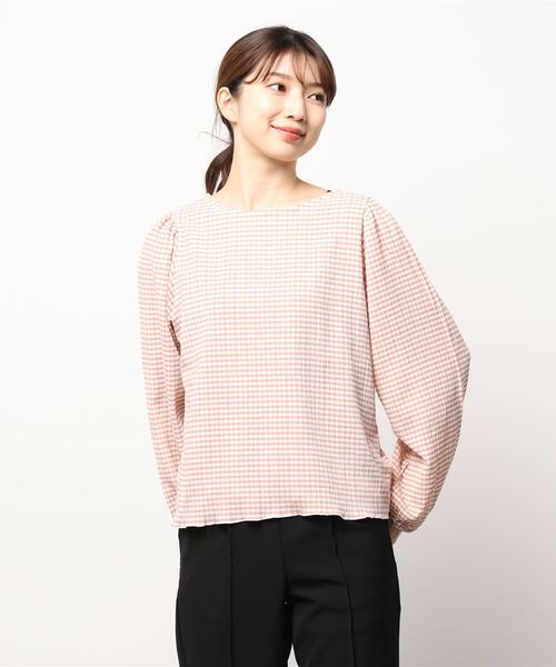 Te chichi TERRASSE（テチチテラス）の「シャーリングギンガム前後2WAYトップス（Tシャツ/カットソー・レディース・ブラック/ピンク/ネイビー・ﾌﾘ-）」の6枚目の写真