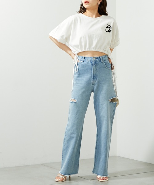 Chico（チコ）の「【新色追加】クロップドサイドリボンロゴTシャツ（Tシャツ/カットソー・レディース・ホワイト/ブラック/ミント/ピンク/ベージュ・FREE）」の9枚目の写真