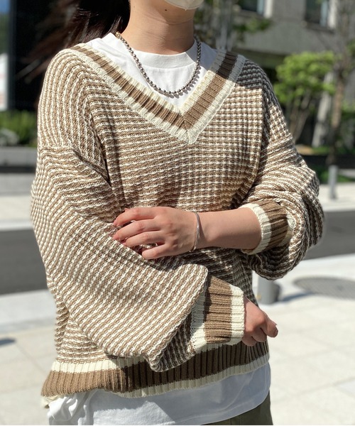 77 circa Vネックフィッシャーマン チルデンニット 配色ラインチルデンVネックニット【洗濯機洗い可