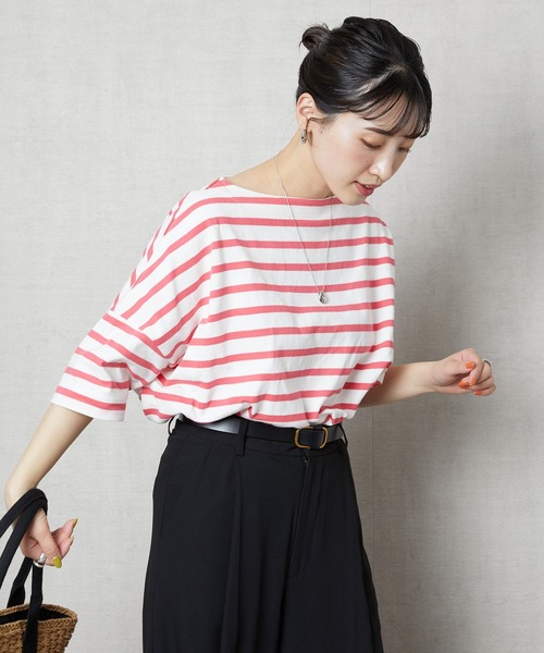 FREAK'S STORE（フリークスストア）の「限定展開　ボートネック バスク ボーダー 半袖 Tシャツ（Tシャツ/カットソー・レディース・レッド/ベージュ/イエロー/ストライプ/ブルー/オフホワイト/ブラック/パープル/ピンク/グリーン・ﾌﾘ-）」の8枚目の写真