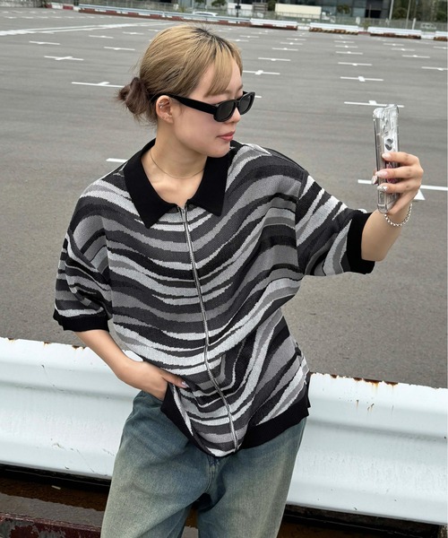 sedacle(セダクル)の「ウェーブジップポロニット(Tシャツ/カットソー・メンズ・ブラック/グリーン・MEDIUM/LARGE)」の1枚目の写真