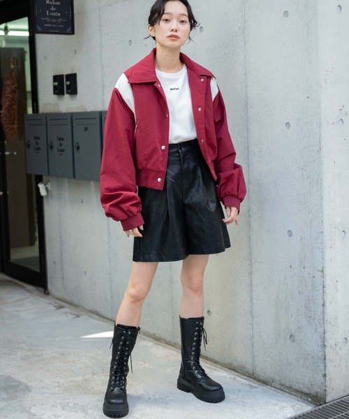 WEGO（ウィゴー）の「WEGO/ナイロン切替ショートスタジャン（スタジャン・レディース・ワイン/ブラック・FREE）」の4枚目の写真