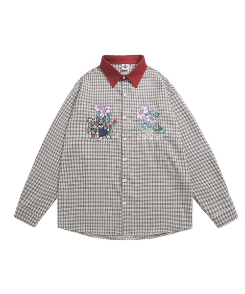 HOOK（フック）の「HOOK -original- レトロ調可愛いワンちゃん刺繍チェック柄長袖シャツ（シャツ/ブラウス・メンズ・グレー/ライトベージュ/グレイッシュベージュ/ライトグレー・M/XL/L）」の15枚目の写真
