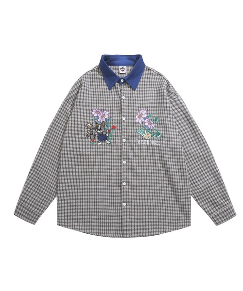 HOOK（フック）の「HOOK -original- レトロ調可愛いワンちゃん刺繍チェック柄長袖シャツ（シャツ/ブラウス・メンズ・グレー/ライトベージュ/グレイッシュベージュ/ライトグレー・M/XL/L）」の5枚目の写真