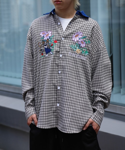 HOOK（フック）の「HOOK -original- レトロ調可愛いワンちゃん刺繍チェック柄長袖シャツ（シャツ/ブラウス・メンズ・グレー/ライトベージュ/グレイッシュベージュ/ライトグレー・M/XL/L）」の16枚目の写真