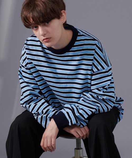 ONCILY(オンシェリー)の「MULTI BORDER LONG SLEEVE T-SHIRT / マルチボーダーロンT(Tシャツ/カットソー・メンズ・ブルー/グリーン・MEDIUM/LARGE)」の3枚目の写真