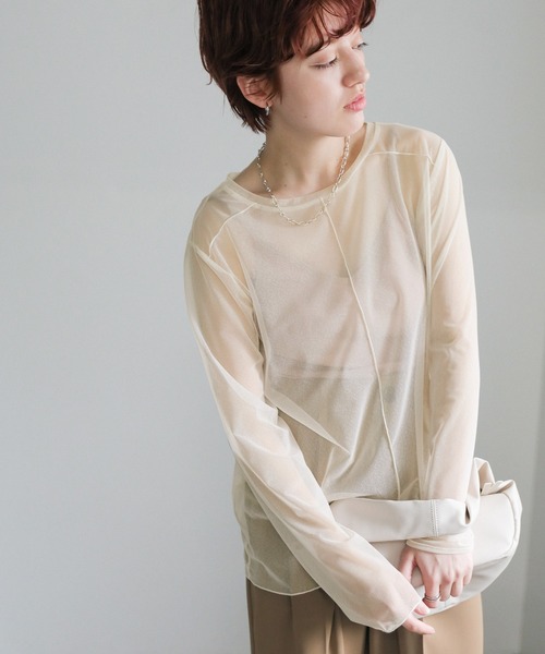 select MOCA(セレクトモカ)の「ニュアンスシアーメロートップス(Tシャツ/カットソー・レディース・アイボリー/ブラック/カーキ/ブルー・FREE)」の9枚目の写真