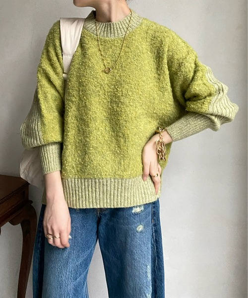 DouDou(ドゥドゥ)の「【WEB限定】 リングヤーン切替ハイネックプルオーバー(ニット/セーター・レディース・ライム/アイボリー/チャコールグレー・FREE)」の10枚目の写真