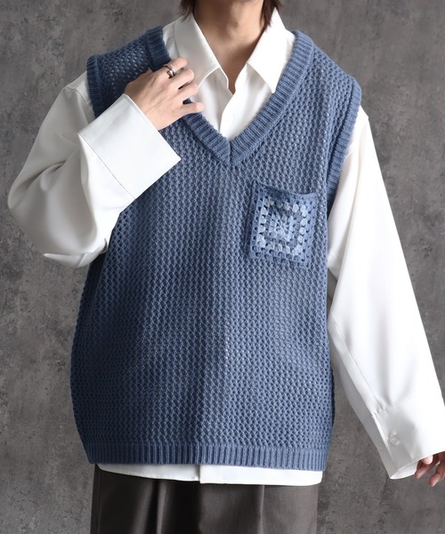 welise（ウェライズ）の「【welise/ウェライズ】クロシェポケットオーバーサイズシアーニットベスト（ベスト・メンズ・ブルー/アイボリー/ブラック・M/L）」の3枚目の写真