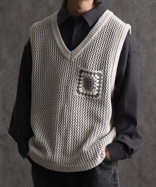 welise（ウェライズ）の「【welise/ウェライズ】クロシェポケットオーバーサイズシアーニットベスト（ベスト・メンズ・ブルー/アイボリー/ブラック・M/L）」の6枚目の写真