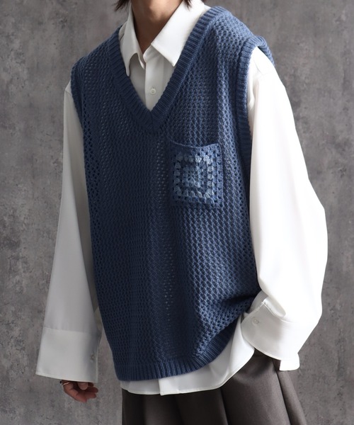 welise（ウェライズ）の「【welise/ウェライズ】クロシェポケットオーバーサイズシアーニットベスト（ベスト・メンズ・ブルー/アイボリー/ブラック・M/L）」の8枚目の写真