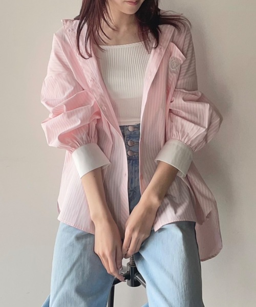 one way（ワンウェイ）の「ネクタイ付き ワンポイント刺繍BIGシャツ（シャツ/ブラウス・レディース・ホワイト/ピンク/ブルー/ブラック・FREE）」の4枚目の写真