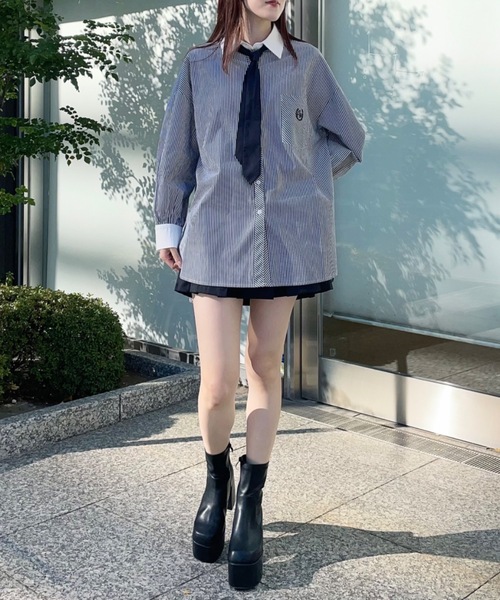 one way（ワンウェイ）の「ネクタイ付き ワンポイント刺繍BIGシャツ（シャツ/ブラウス・レディース・ホワイト/ピンク/ブルー/ブラック・FREE）」の8枚目の写真