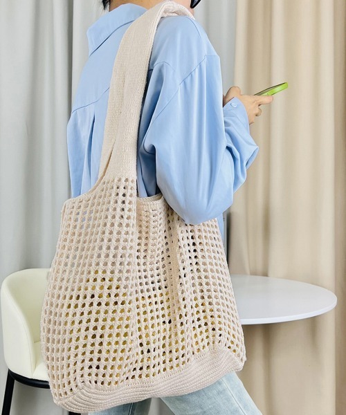 Miniministore（ミニミニストア）の「トートバッグ 編みバッグ ニットバッグ夏（トートバッグ・レディース・ブラウン/グリーン/ピンク/ベージュ/イエロー/ミント/ブラック/アイボリー/ブルー・FREE）」の11枚目の写真