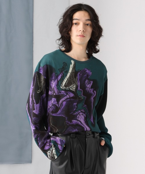 HARE(ハレ)の「メルトフラワープリントプリーツカット(HARE)(Tシャツ/カットソー・メンズ・グリーン/ブラック・FREE)」の1枚目の写真