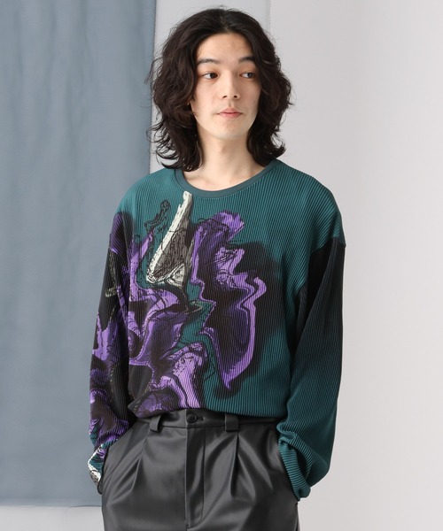 HARE(ハレ)の「メルトフラワープリントプリーツカット(HARE)(Tシャツ/カットソー・メンズ・グリーン/ブラック・FREE)」の7枚目の写真
