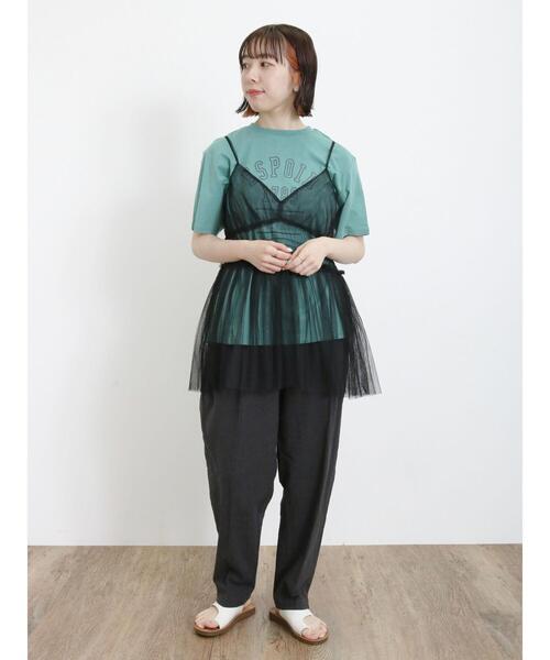 Samansa Mos2(サマンサ モスモス)の「チュールキャミソール+ロゴTシャツセット(Tシャツ/カットソー・レディース・オレンジ/グリーン/チャコールグレー/オフホワイト・F)」の6枚目の写真