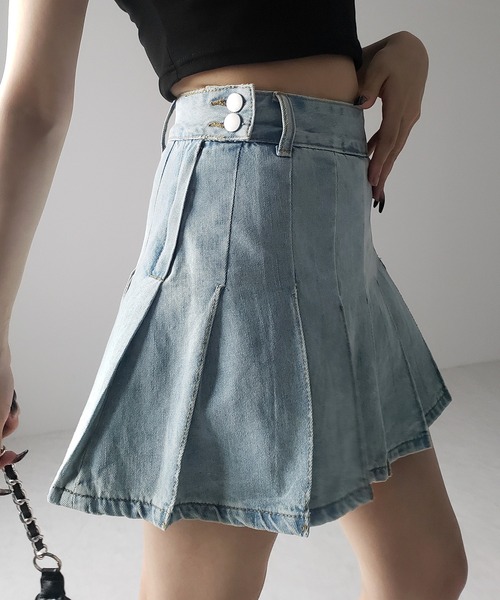 me+em select(ミームセレクト)の「※※【 インパン裏地付き 】ヴィンテージプリーツデニムミニスカート / vintage pleated denim mini skirt(デニムスカート・レディース・ダークブルー/ライトブルー・LARGE/MEDIUM/SMALL)」の6枚目の写真
