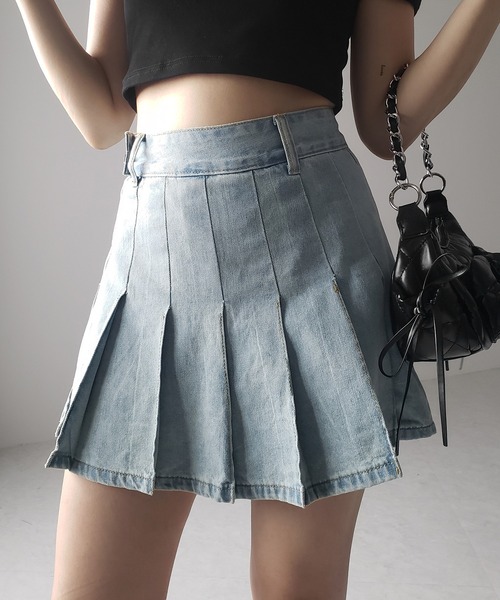 me+em select(ミームセレクト)の「※※【 インパン裏地付き 】ヴィンテージプリーツデニムミニスカート / vintage pleated denim mini skirt(デニムスカート・レディース・ダークブルー/ライトブルー・LARGE/MEDIUM/SMALL)」の4枚目の写真