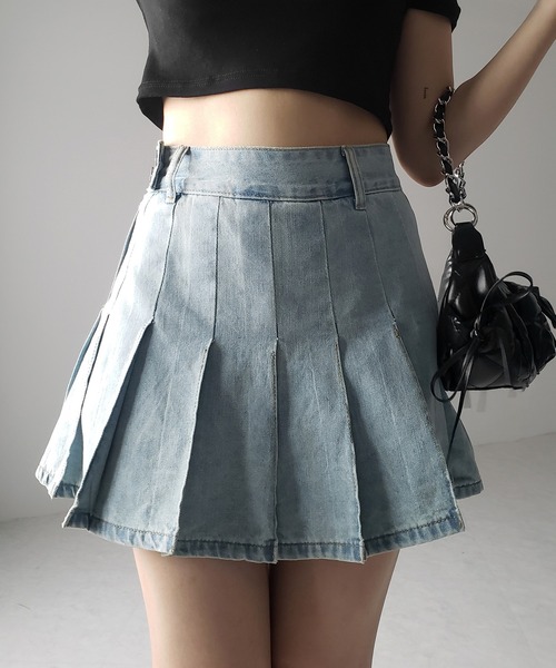 me+em select(ミームセレクト)の「※※【 インパン裏地付き 】ヴィンテージプリーツデニムミニスカート / vintage pleated denim mini skirt(デニムスカート・レディース・ダークブルー/ライトブルー・LARGE/MEDIUM/SMALL)」の5枚目の写真