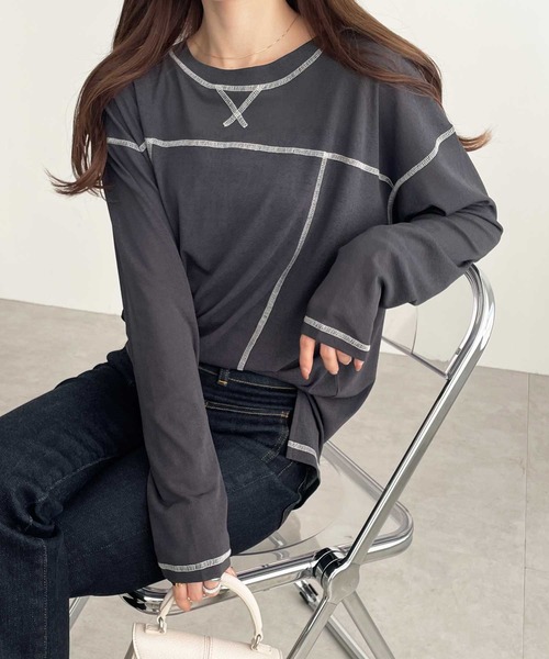 GeeRA(ジーラ)の「配色ステッチスラブシアーカットソー(Tシャツ/カットソー・レディース・ブラック/オフホワイト/チャコールグレー・MEDIUM/LARGE)」の3枚目の写真