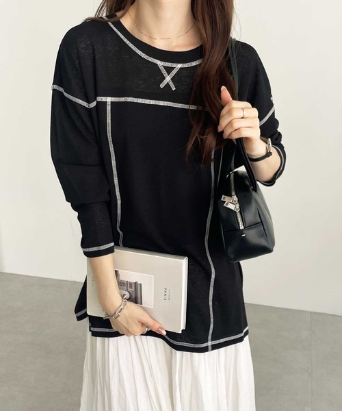 GeeRA(ジーラ)の「配色ステッチスラブシアーカットソー(Tシャツ/カットソー・レディース・ブラック/オフホワイト/チャコールグレー・MEDIUM/LARGE)」の1枚目の写真