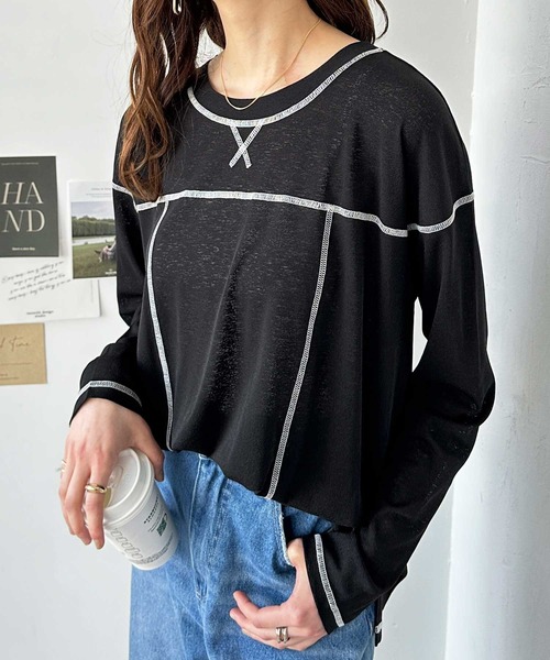GeeRA(ジーラ)の「配色ステッチスラブシアーカットソー(Tシャツ/カットソー・レディース・ブラック/オフホワイト/チャコールグレー・MEDIUM/LARGE)」の9枚目の写真